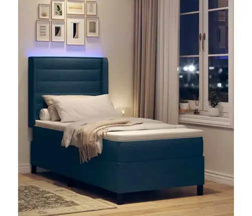Led Box Spring Voodi Madratsiga Peaga Sinine 80 X 200 Cm Kangas