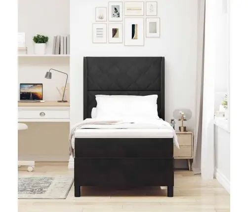 Kastītes Atsperu Gulta Ar Matraci Melna 90 X 190 Cm Samts Vidaxl