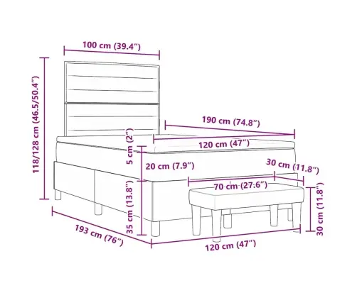 Kastītes Atsperu Gulta Ar Matraci Un Soliņu Melnā Krāsā 120X190 Cm Audums Vidaxl