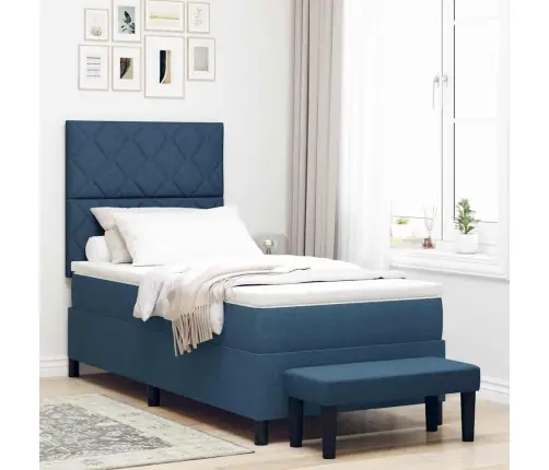 Kastītes Atsperu Gulta Ar Matraci & Soliņa Zils 100X200 Cm Audums Vidaxl