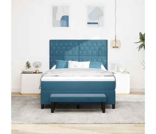 Kastītes Atsperu Gulta Ar Matraci Tumši Zila 140 X 200 Cm Samts Vidaxl