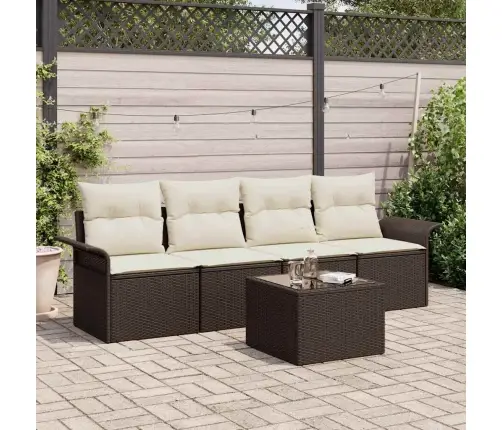 5 Gabalu Dārzā Dīvānu Komplekts Ar Spilveniem - Brūns Poliratanā Vidaxl