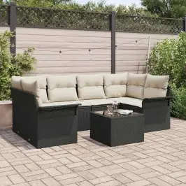 Sodo Sofų Rinkinys Su Pagalve Su Pagalve 7 Pcs Juoda Ir Kreminė