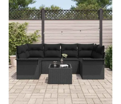 Sodo Sofų Rinkinys 7 Pcs Juoda Poli Ratanas, Plienas Ir Stiklas