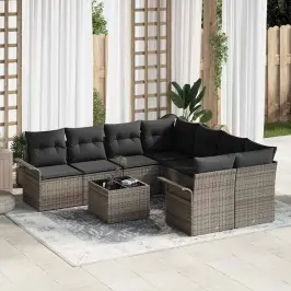Sodo Sofų Rinkinys 9 Pcs Pilka Poli Ratanas, Plienas Ir Stiklas