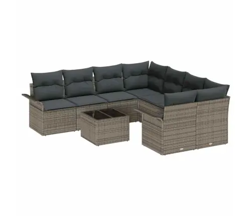 Sodo Sofų Rinkinys 9 Pcs Pilka Poli Ratanas, Plienas Ir Stiklas