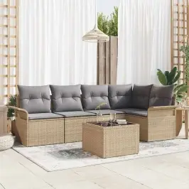 Sodo Sofų Rinkinys Su Pagalve 6 Pcs Smėlio Poli Ratanas
