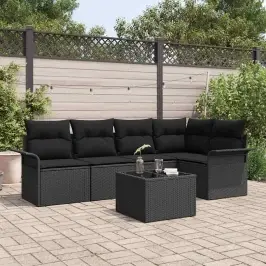 Sodo Sofų Rinkinys Su Pagalve 6 Pcs Juoda Poli Ratanas