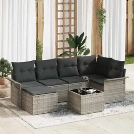 Sodo Sofų Rinkinys Su Pagalve 7 Pcs Šviesiai Pilka Poli Ratanas