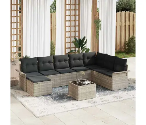 9 Daļu Dārza Dīvānu Komplekts Ar Spilveniem Pelēkā Poli Rotangpalma Vidaxl