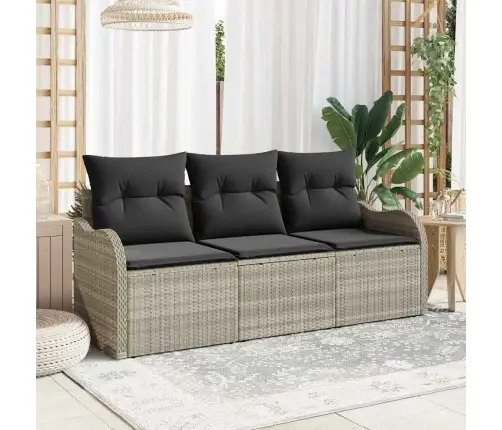 Sodo Sofų Rinkinys Su Pagalve 3 Pcs Šviesiai Pilka Poli Ratanas