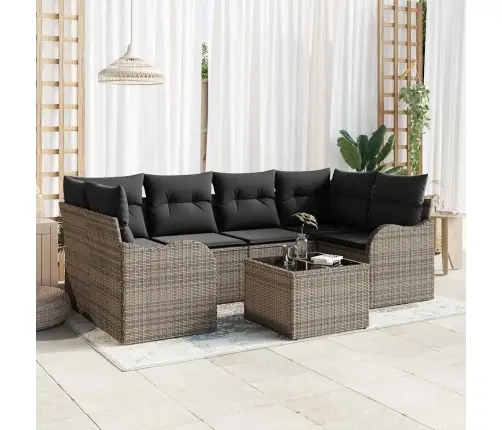 Sodo Sofų Rinkinys 7 Pcs Pilka Poli Ratanas, Plienas Ir Stiklas