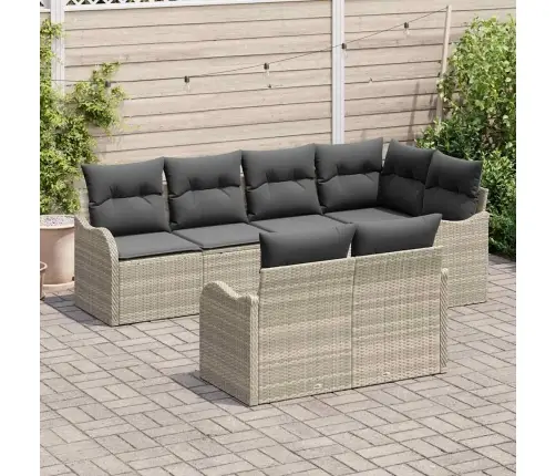 7 Gabalu Gaiši Pelēks Poli Rotangpalmas Dīvānu Komplekts Ar Spilveniem Vidaxl