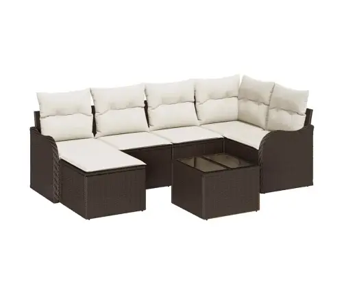 Sodo Sofų Rinkinys Su Pagalve 7 Pcs Ruda Ir Balta Poli Ratanas