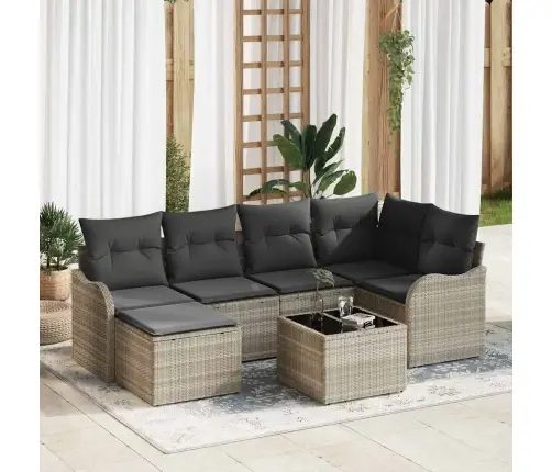 Sodo Sofų Rinkinys Su Pagalve 7 Pcs Šviesiai Pilka Poli Ratanas