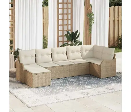 Sodo Sofų Rinkinys 7 Pcs Smėlio Ir Balta Poli Ratanas