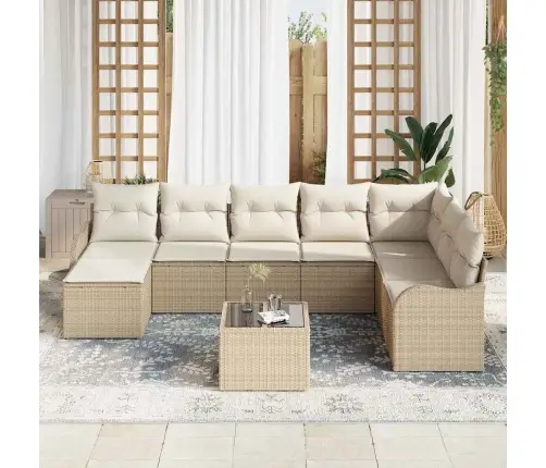 Sodo Sofų Rinkinys 9 Pcs Smėlio Ir Balta Poli Ratanas