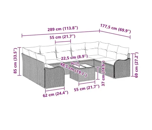 10 Daļu Dārza Dīvānu Komplekts Ar Spilveniem Pelēkā Poli Rotangpalma Vidaxl