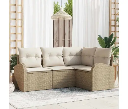 Sofos Komplektas Su Pagalve 4 Pcs Smėlio Ir Balta Poliratanas