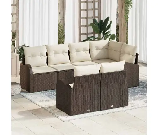 Sodo Sofų Rinkinys Su Pagalve 7 Pcs Ruda Ir Balta Poli Ratanas