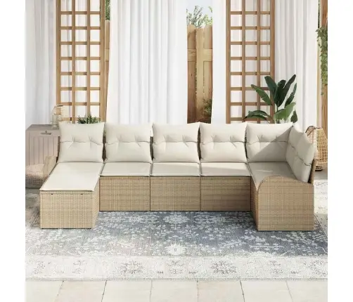 7 Daļīgs Dārza Dīvānu Komplekts Ar Spilveniem, Bēšs, No Poliratana. Vidaxl