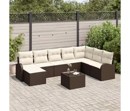 Sodo Sofų Rinkinys Su Pagalve 9 Pcs Ruda Ir Balta Poli Ratanas