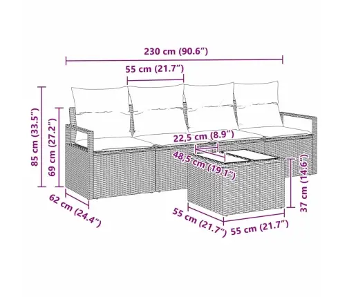 5 Pāļu Dārza Dīvānu Komplekts Ar Spilveniem, Melnā Polyrattan Vidaxl