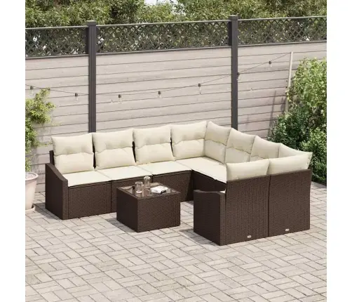 9 Daļu Dārza Ēdamgalds Ar Spilveniem Brūnā Polietilēna Rotangpalma Vidaxl