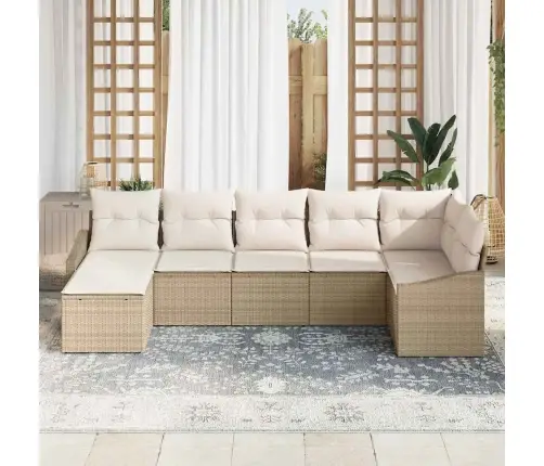 7 Gab Dārza Ēdamgalds Ar Spilventiņiem Bēšs Poli Rotangpalma Vidaxl