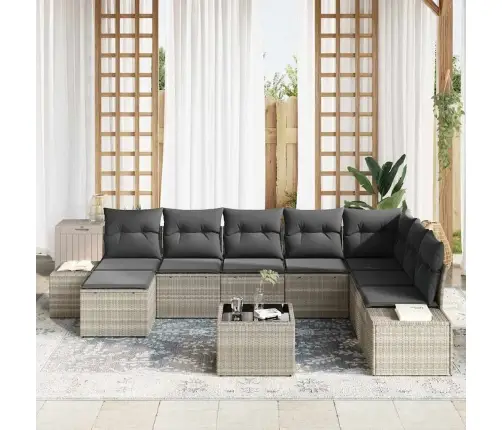 Sodo Sofų Rinkinys Su Pagalve 8 Pcs Šviesiai Pilka Poliratanas