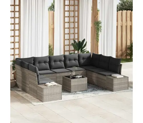 Sodo Sofų Rinkinys Su Pagalve 9 Pcs Šviesiai Pilka Poliratanas