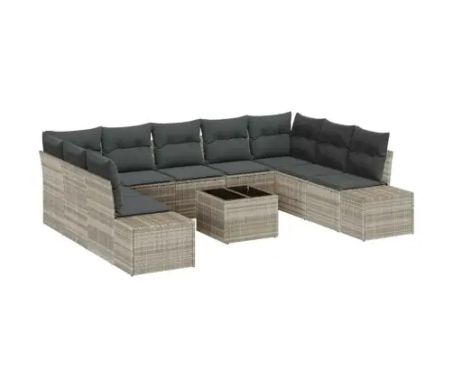 Sodo Sofų Rinkinys Su Pagalve 9 Pcs Šviesiai Pilka Poliratanas