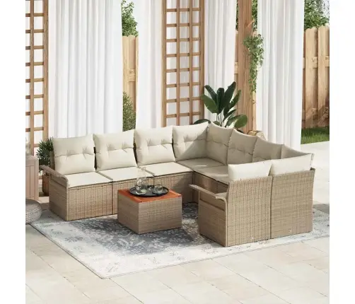 9 Gab. Dārza Dīvānu Komplekts Ar Spilveniem Bēšs Poli Rotangpalma Akācija Vidaxl