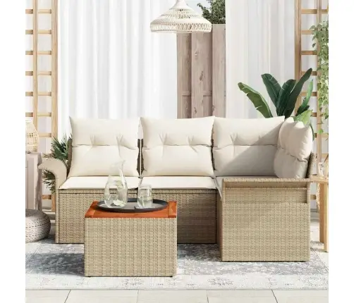 5 Daļu Dārza Dīvānu Komplekts Ar Bēšiem Spilveniem No Poliratanā Un Akācijas Koka Vidaxl