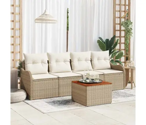 5 Daļu Dārza Dīvānu Komplekts Ar Bēšiem Spilveniem, Polirattanā Un Akācijā. Vidaxl