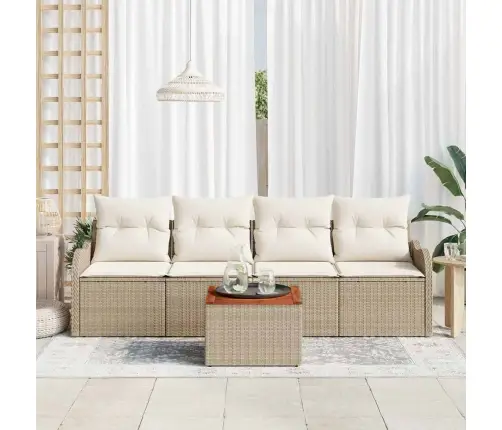 5 Daļu Dārza Dīvānu Komplekts Ar Bēšiem Spilveniem, Polirattanā Un Akācijā. Vidaxl