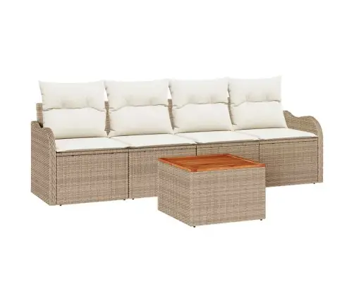 5 Daļu Dārza Dīvānu Komplekts Ar Bēšiem Spilveniem, Polirattanā Un Akācijā. Vidaxl