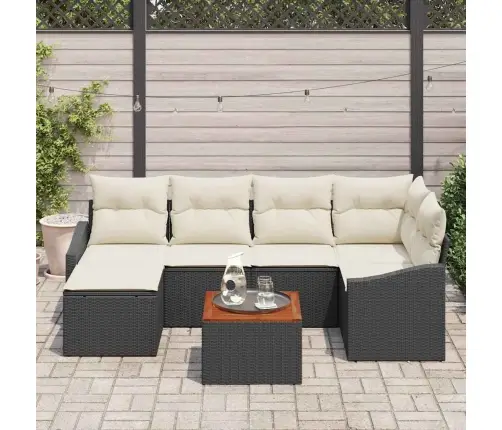 Sodo Sofų Rinkinys 7 Pcs Juoda Ir Kreminė Poliratanas