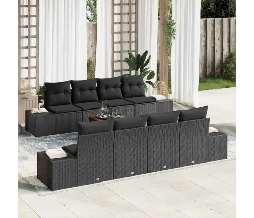 Sodo Sofų Rinkinys Su Saugykla 9 Pcs Juoda Poliratanas