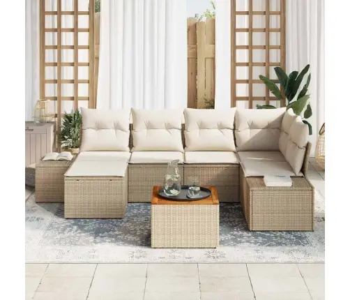 Dārza Dīvānu Komplekts 7 Pcs Beige Un Balts Rattan Un Audums Vidaxl