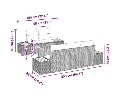 6 Daļu Dārza Dīvānu Komplekts Ar Spilveniem Pelēkā Poli Rotangpalma Akācija Vidaxl