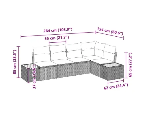 5 Gab. Dārza Dīvānu Komplekts Ar Spilveniem Melnā Poli Rotangpalmas Un Akācijas Vidaxl