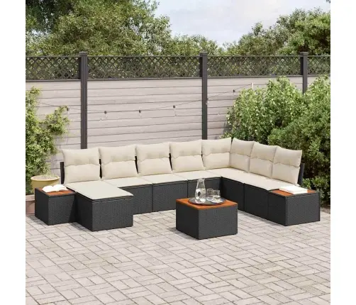 9 Gabalu Dārza Dīvānu Komplekts Ar Spilveniem Melnā Poli Rotangpalma Akācijas Vidaxl