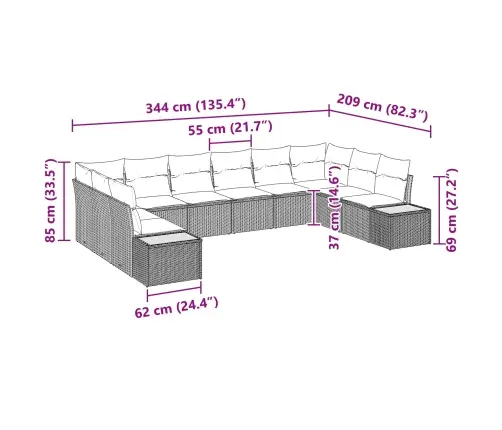 10 Gabalu Dārza Dīvānu Komplekts Ar Spilveniem Melns Poli Rotangpalma Akacija Vidaxl
