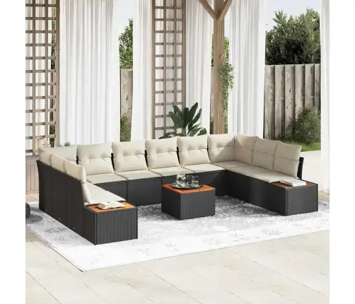 11 Daļīgs Dārza Dīvānu Komplekts Ar Spilveniem Melnā Polietilēna Rotangpalmas Akācijas Vidaxl