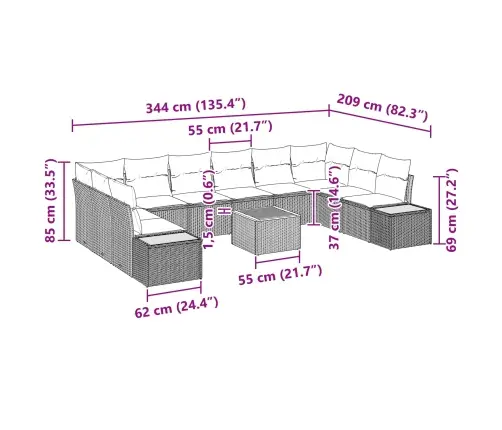 11 Gabalu Dārza Dīvānu Komplekts Ar Spilveniem Melnā Poli Rotangpalma Akāciju Vidaxl