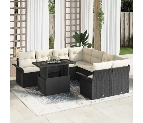 9 Daļu Dārza Dīvānu Komplekts Ar Spilveniem - Melns Poli Rotangpalmas Vidaxl