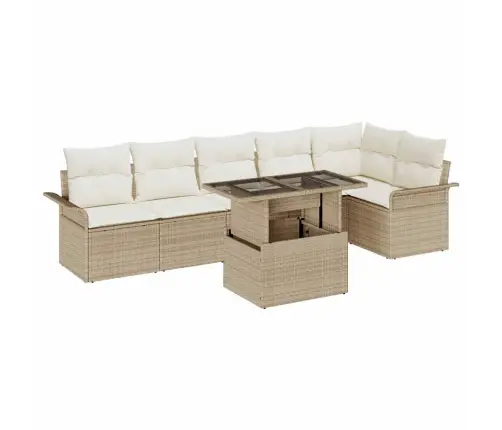 7 Daļu Dārza Dīvānu Komplekts Ar Spilveniem, Bēšs, Poli Ratan Vidaxl