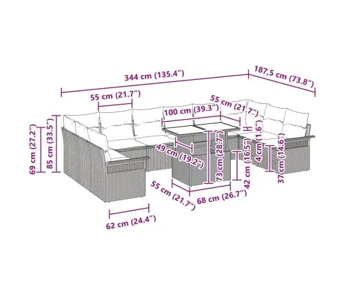 Sodo Sofų Rinkinys 11 Pcs Smėlio 100 X 55 X 73 Cm Poli Ratanas