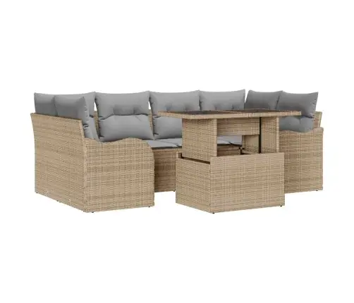 7 Daļīgais Dārza Dīvānu Komplekts Ar Spilveniem - Bēša Poli Rotangpalma Vidaxl